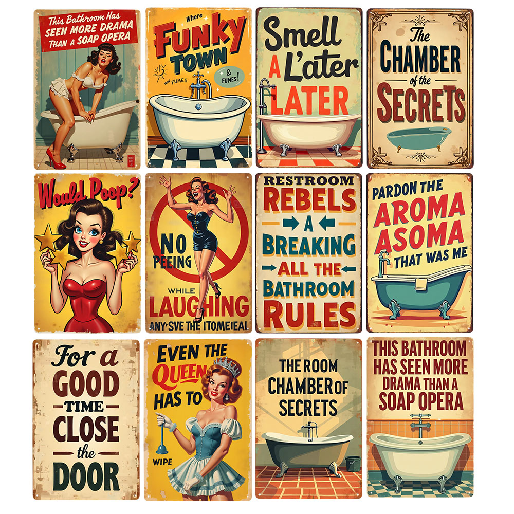 Home Bathroom Decor Ideas - Funny Bathroom Rules Vintage Metal Sign