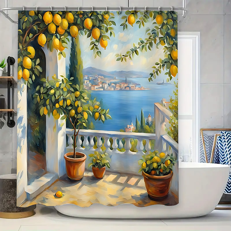 Home Bathroom Decor Ideas - Mediterranean Lemon Garden Shower Curtain, Coastal