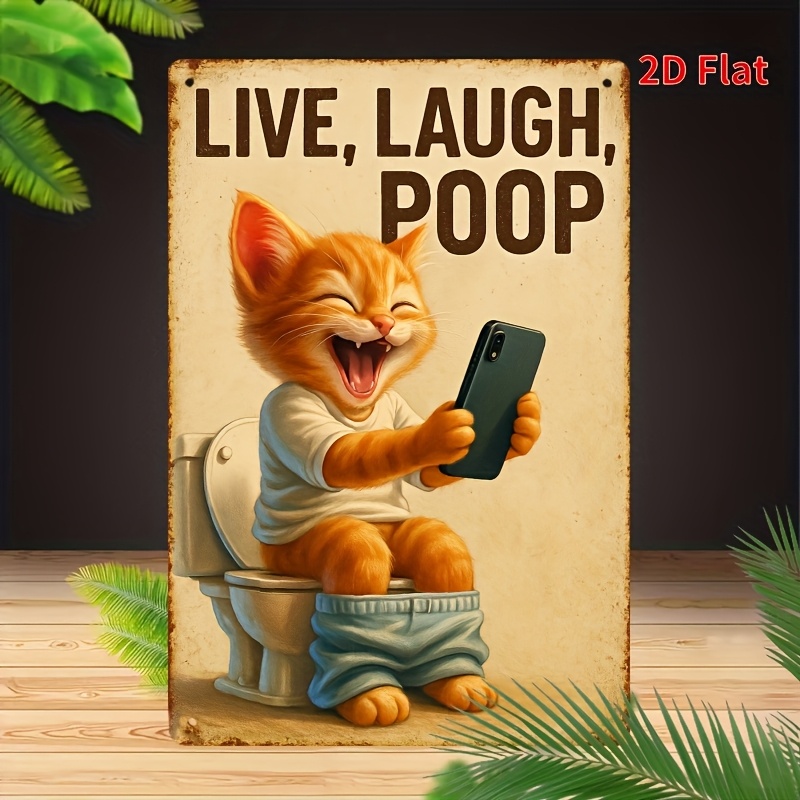 Funny Cat on Toilet Metal Wall - Home Design Bathroom review and price